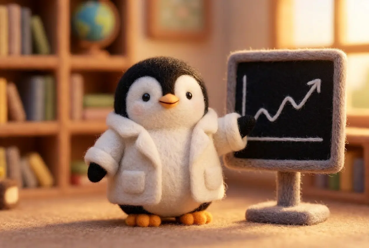 A wool felt penguin wearing a lab coat pointing at a simple chalkboard graph, explaining the science behind walk-run intervals