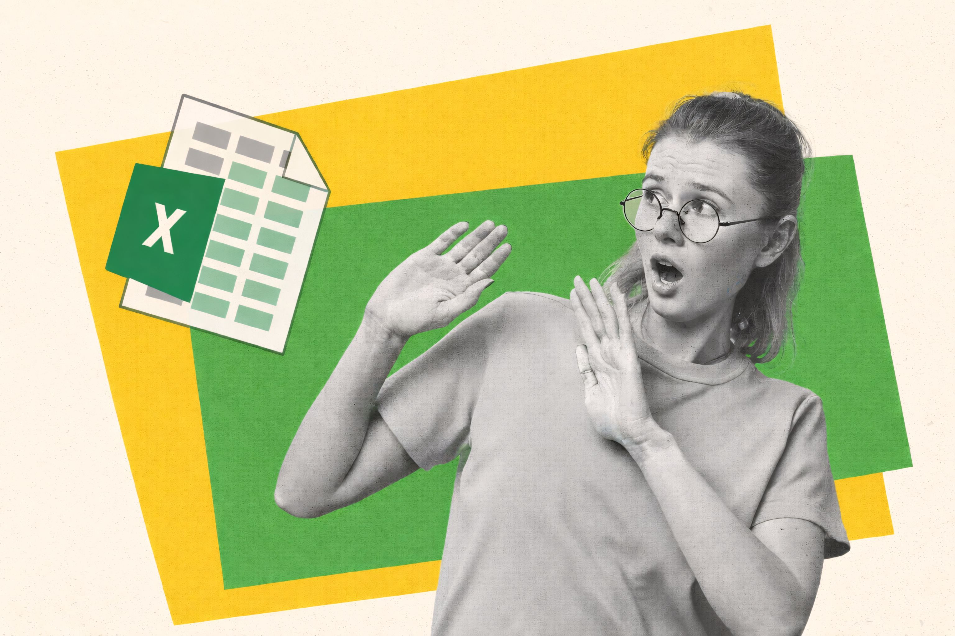 Designer reacting in frustration to Excel spreadsheet, illustrated in grayscale collage with green and yellow geometric background.