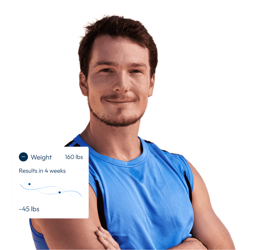 A man with an illustration of his health metrics improvement