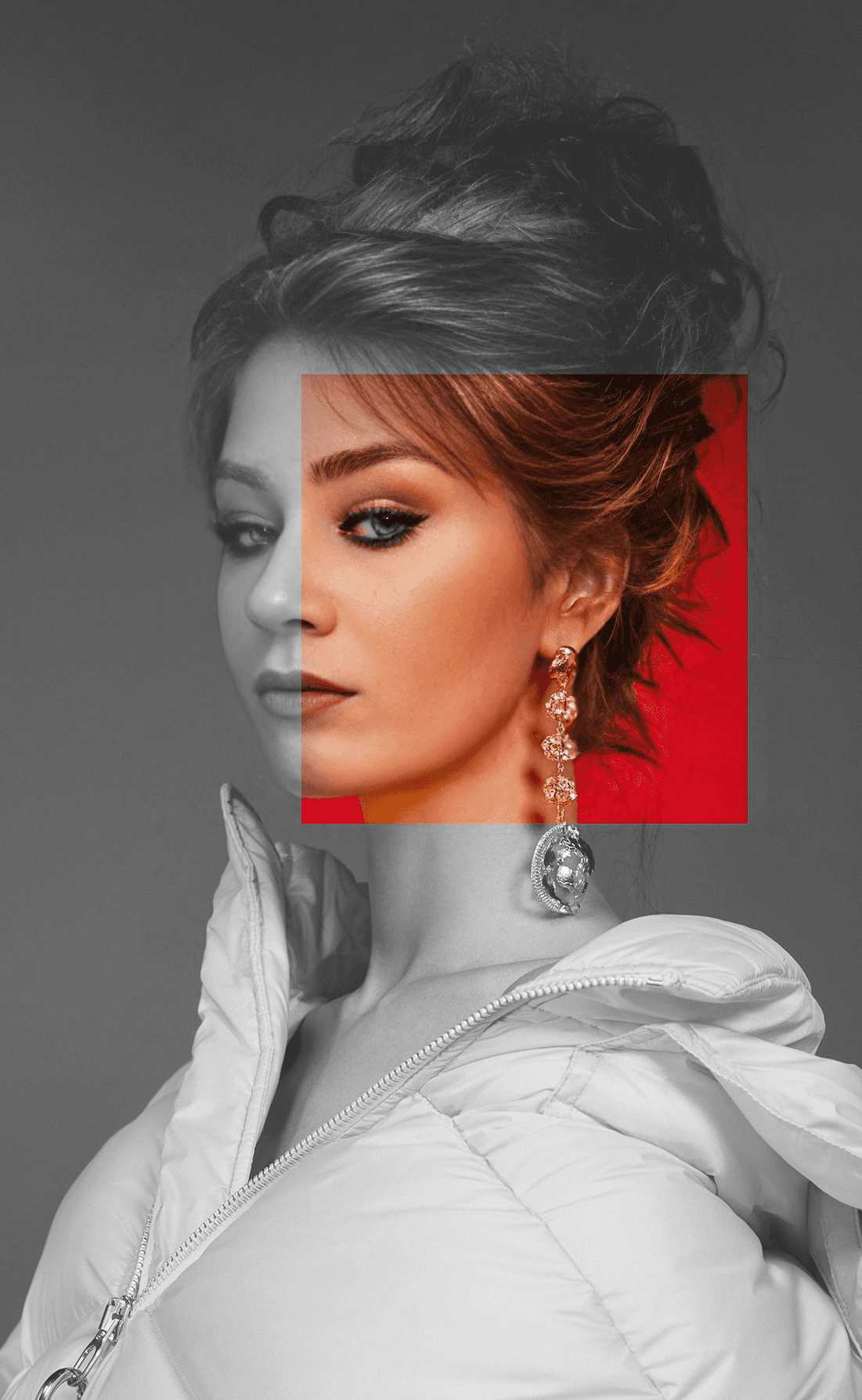 Artistic portrait with red and blue lighting creating a dramatic effect
