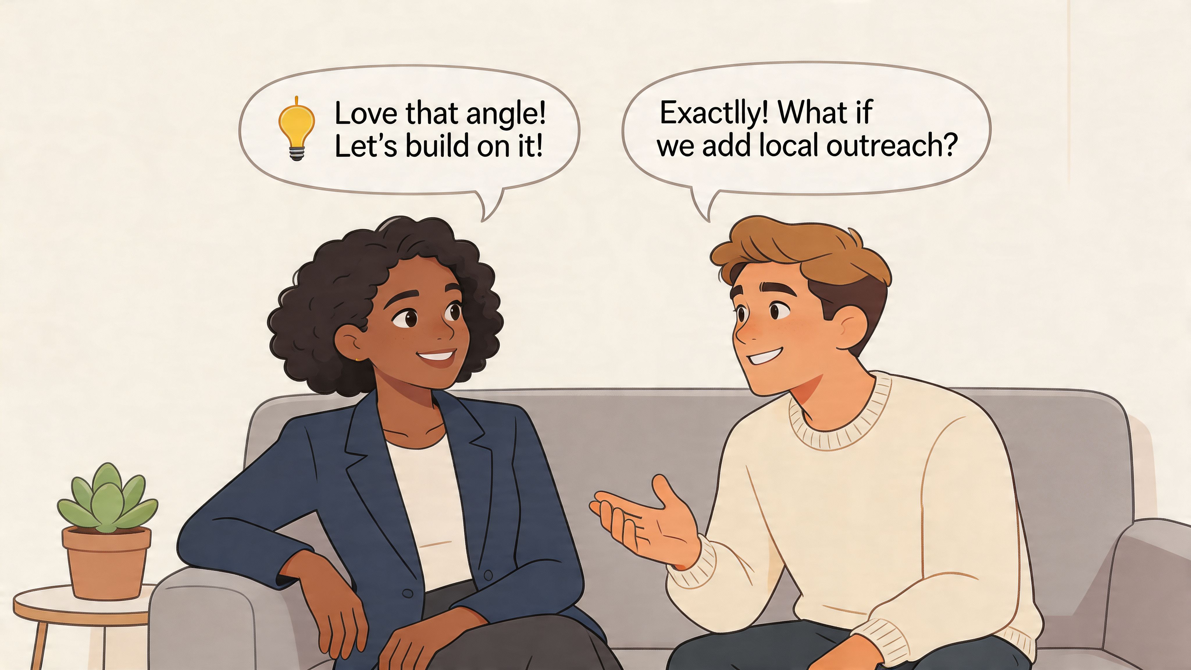 A woman and a man sitting on a sofa collaborating and discussing a business development plan.