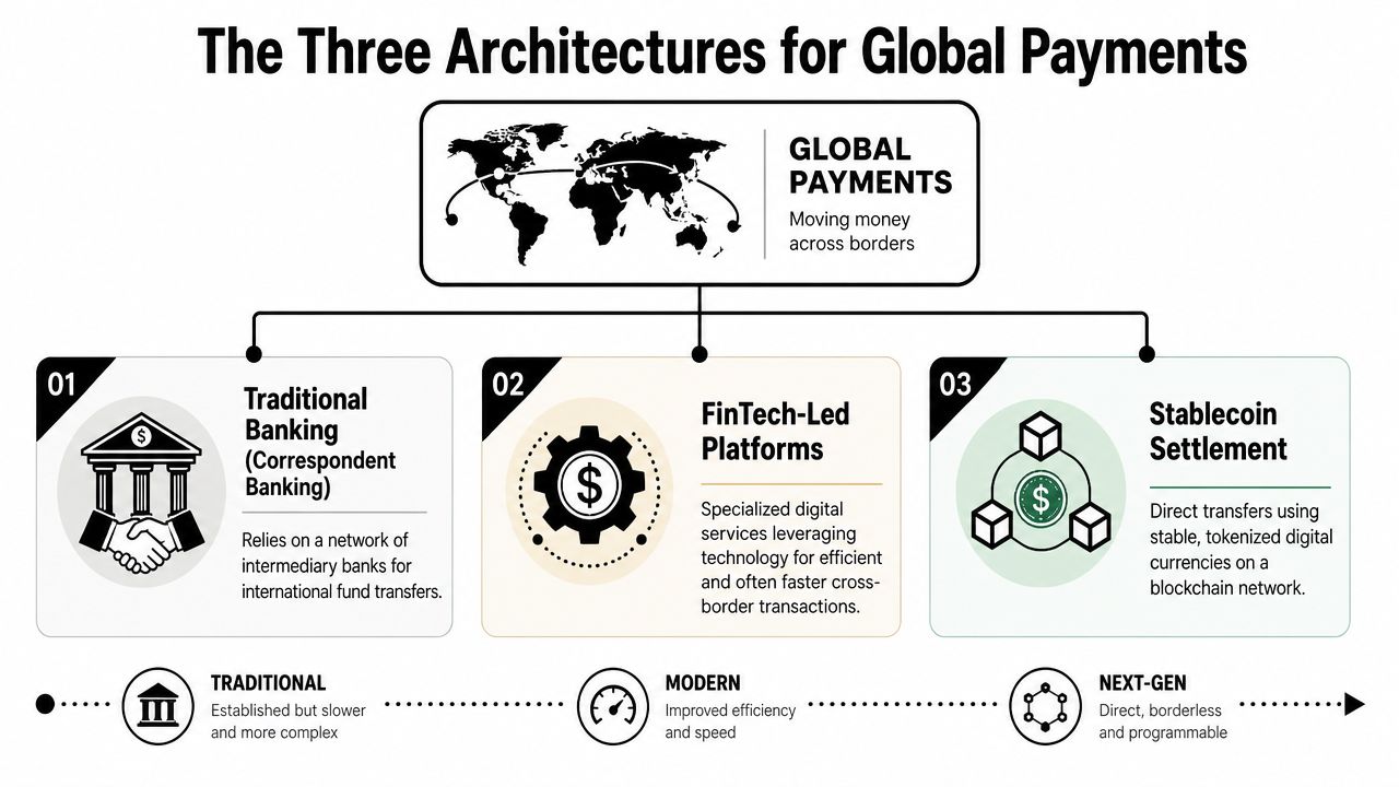 A diagram illustrating three main architectures for global payments: traditional banking, fintech platforms, and stablecoin settlement.