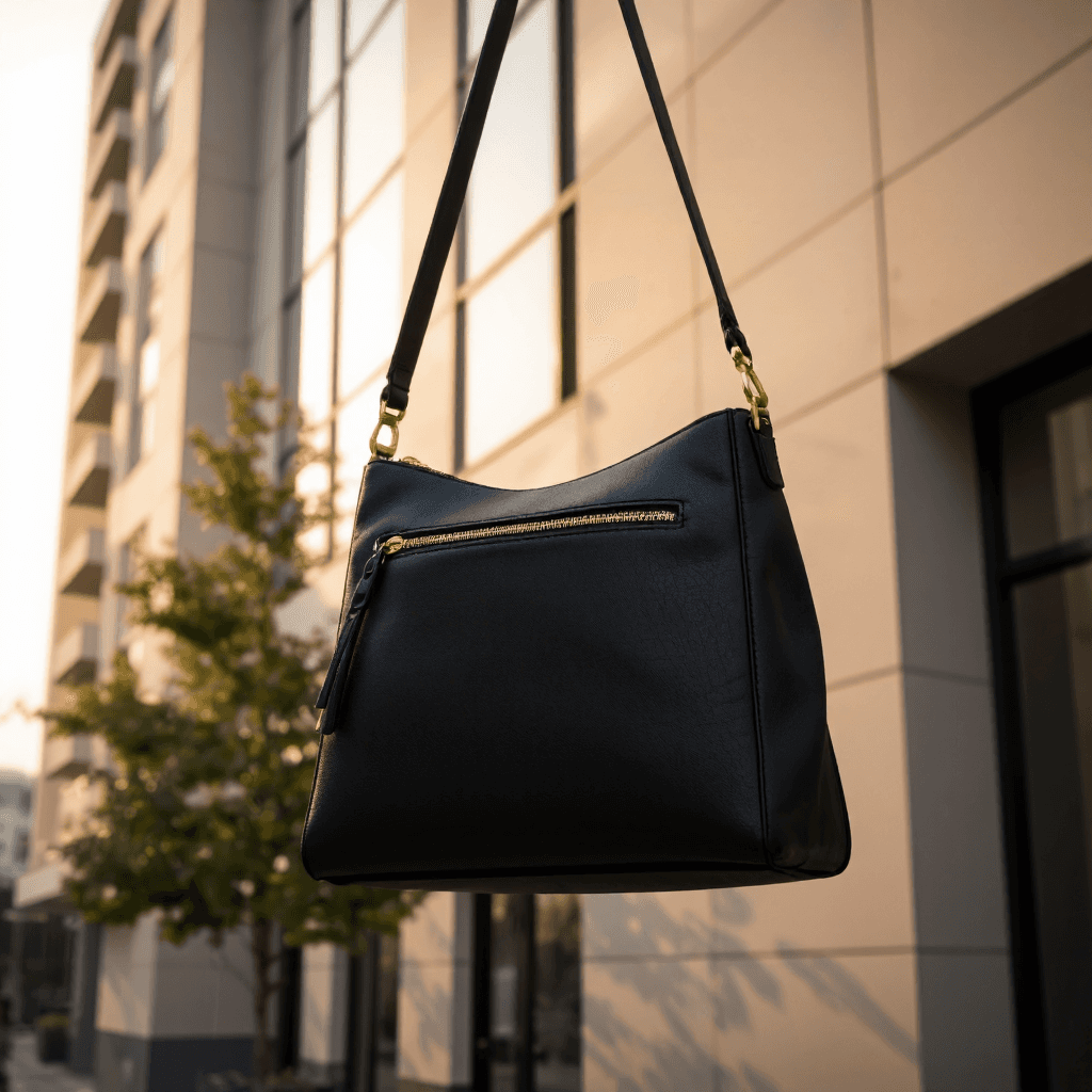 product photography of a shoulder bag designed for casual use, featuring a sleek and minimalist style