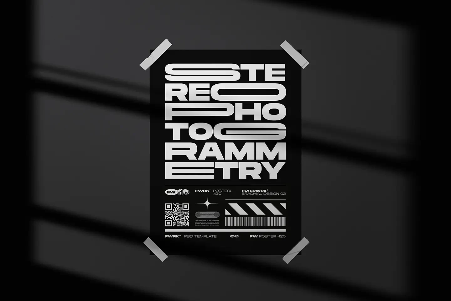 Shadow Overlays Scene Creator displaying a taped black poster with sharp window blind shadow effects