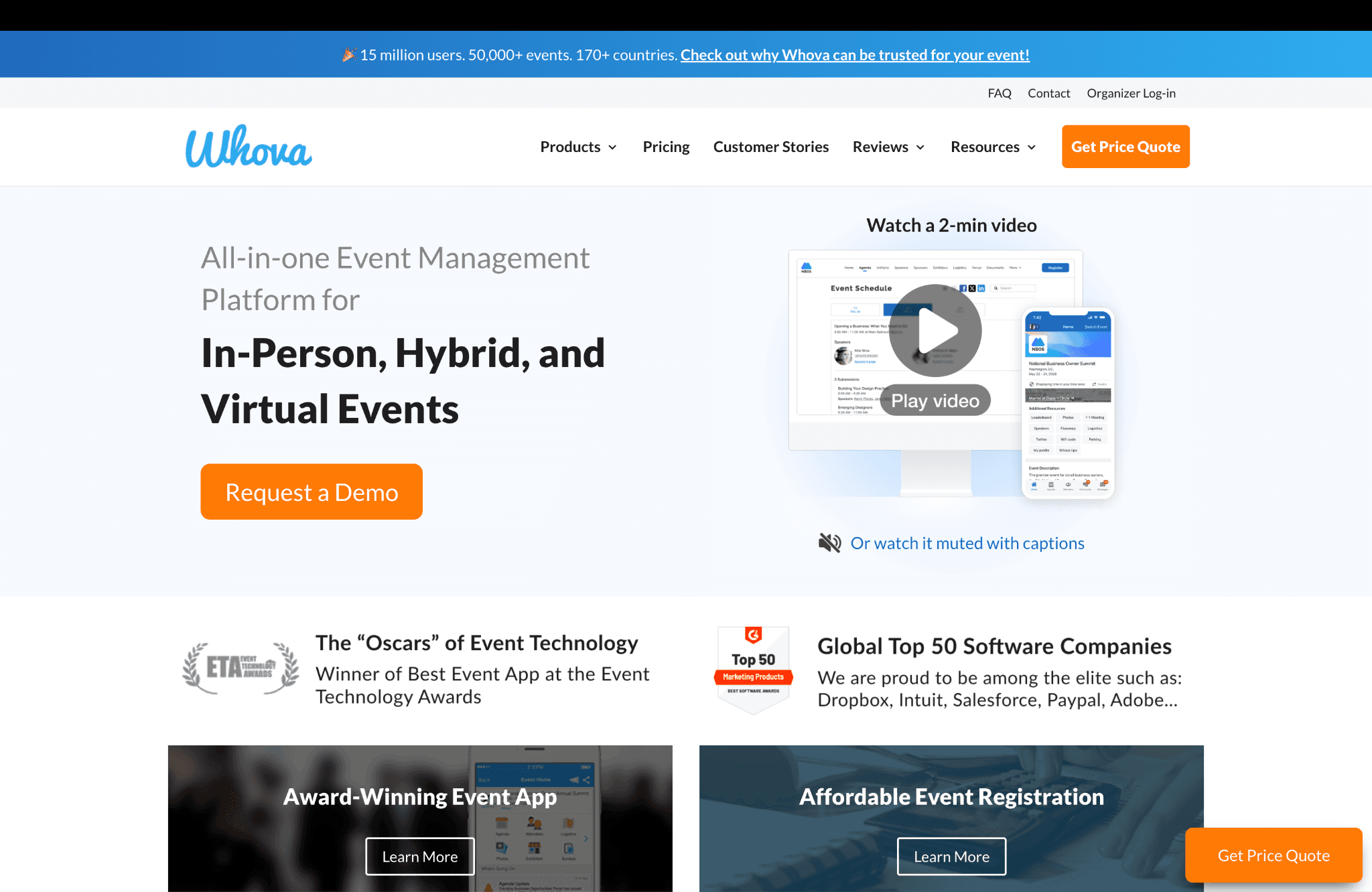 Whova homepage showcasing its all-in-one event management platform for in-person, hybrid, and virtual events, featuring event registration tools, attendee engagement solutions, customer awards, and a product demonstration video.