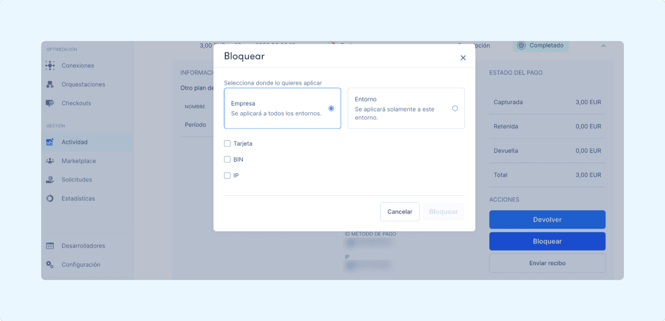 Bloquea la tarjeta, BIN o IP desde Actividad en Zru