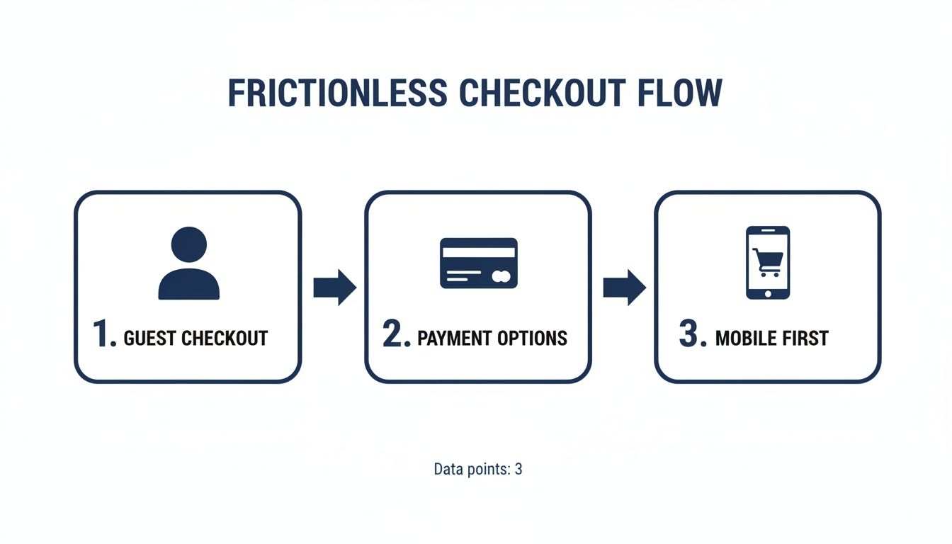 A diagram illustrating a frictionless checkout flow with three key steps: guest checkout, payment options, and mobile first.