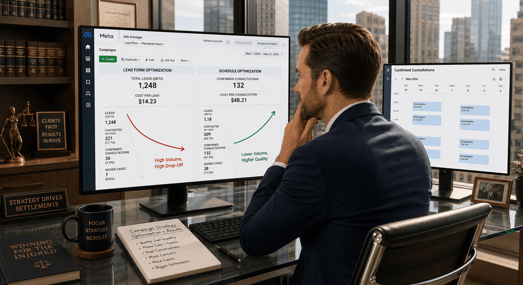 Attorney reviewing Meta Ads dashboard to optimize attorney lead generation campaigns for law firm scheduling