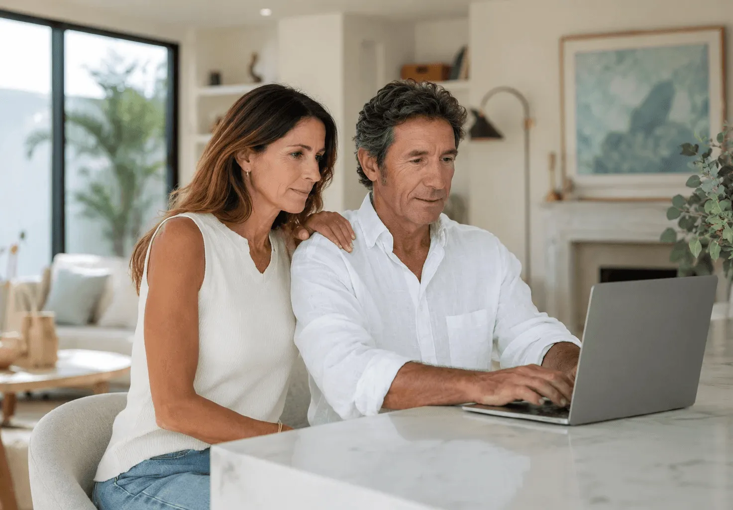Couple looking at a laptop together.