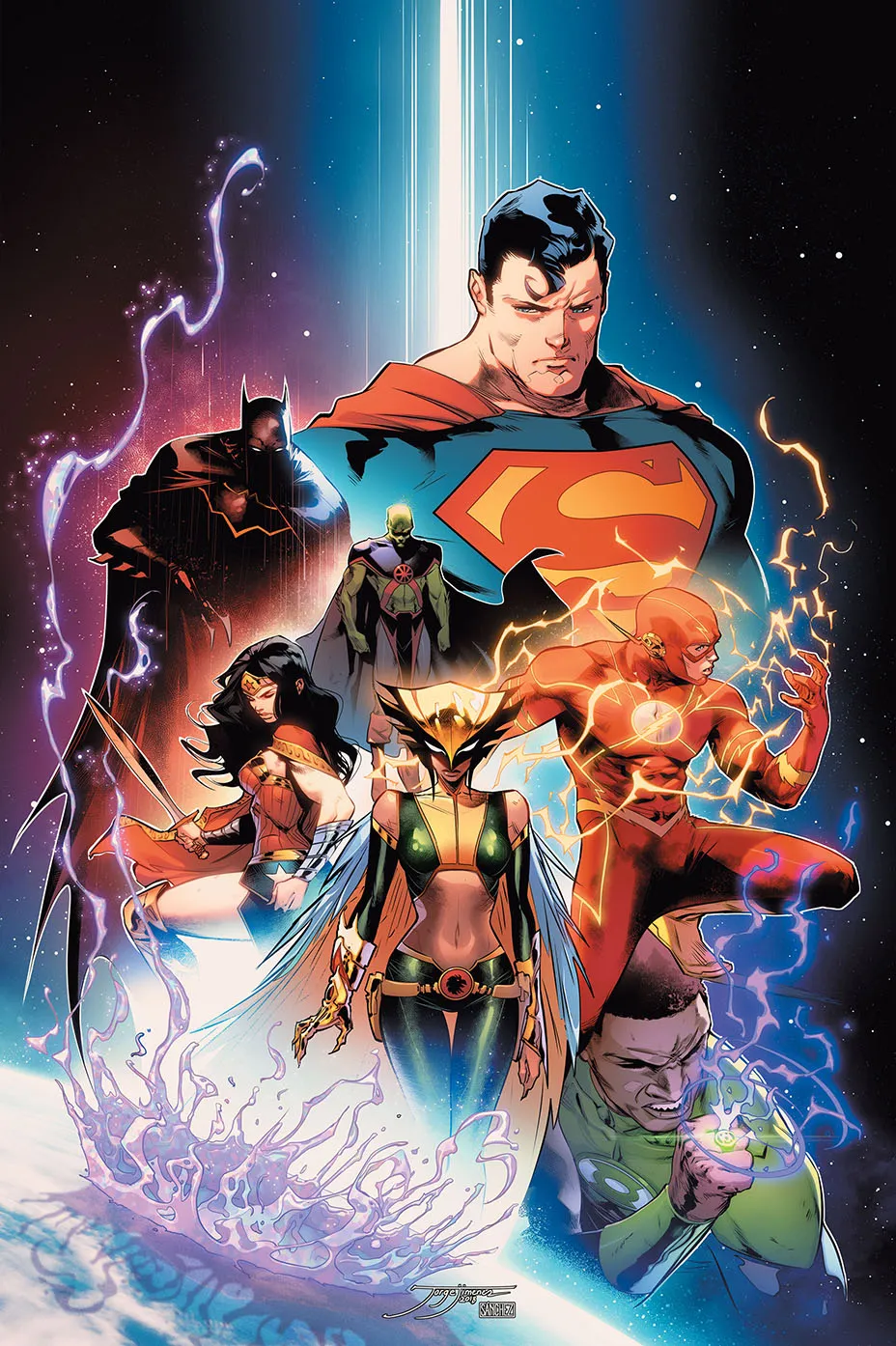 Justice League artwork with Superman above Batman, Wonder Woman, Hawkgirl and the Flash