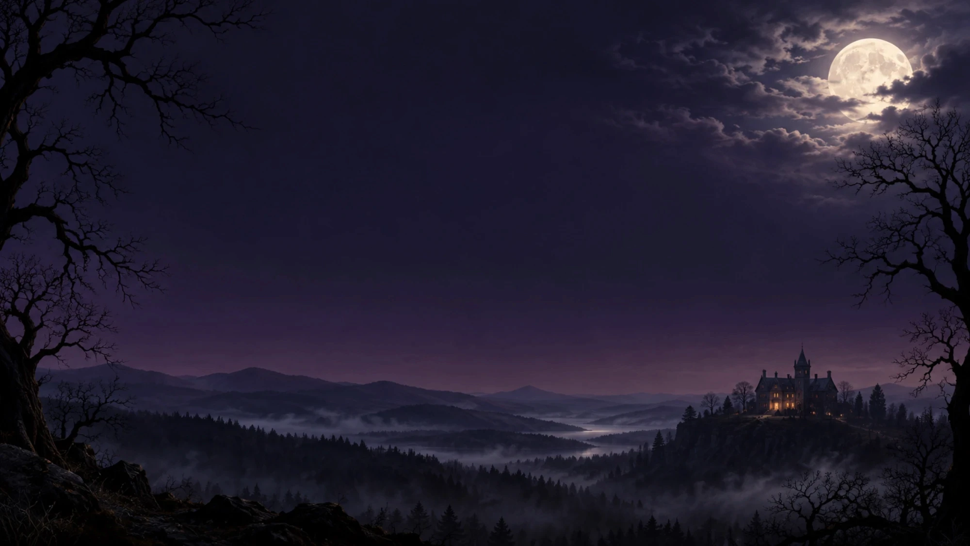 Moonlit hills with a gothic manor at night