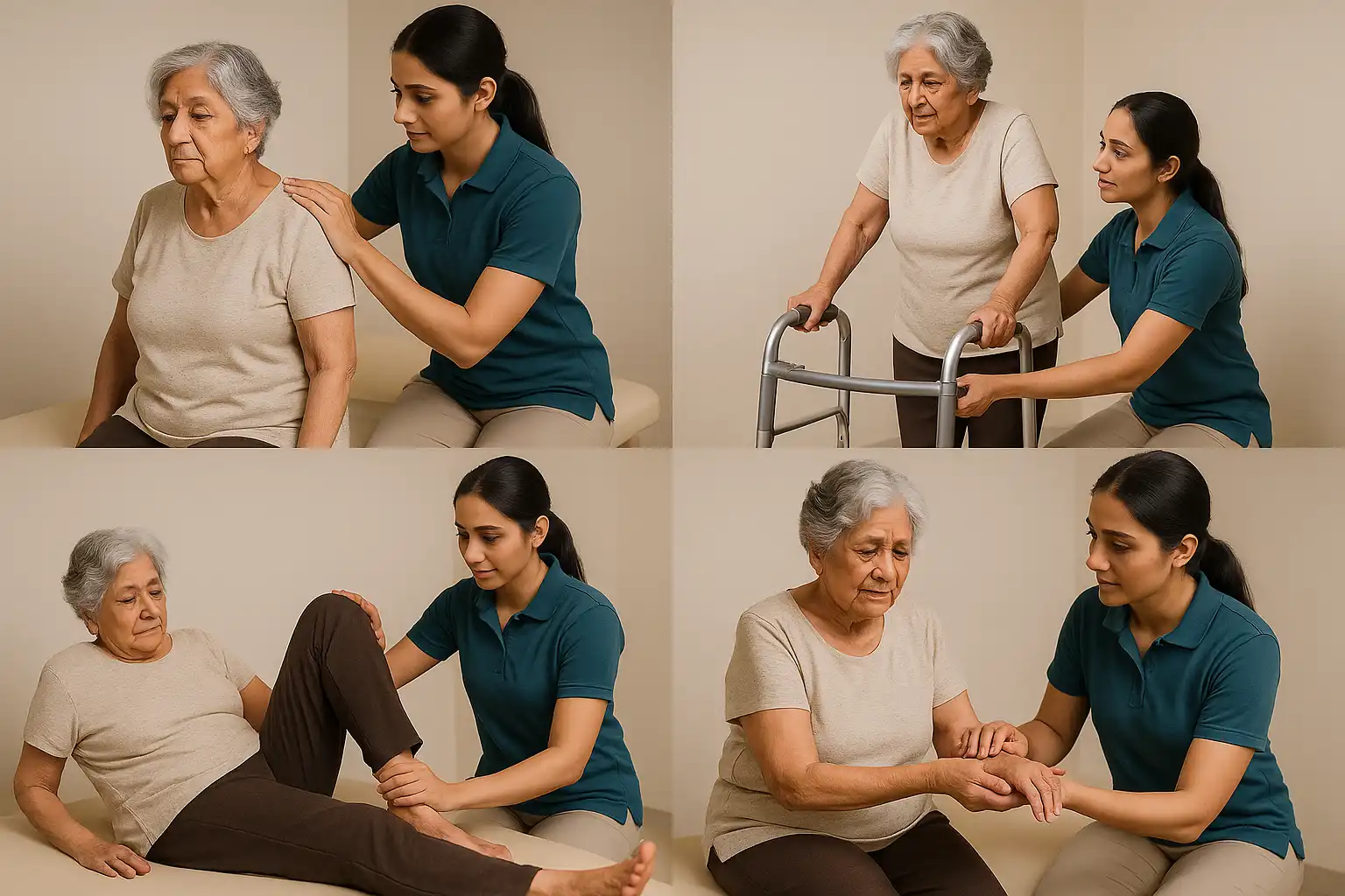 Osteoporosis and geriatric care shown in a physiotherapy collage of an elderly woman receiving mobility training, joint therapy, and assisted exercises.