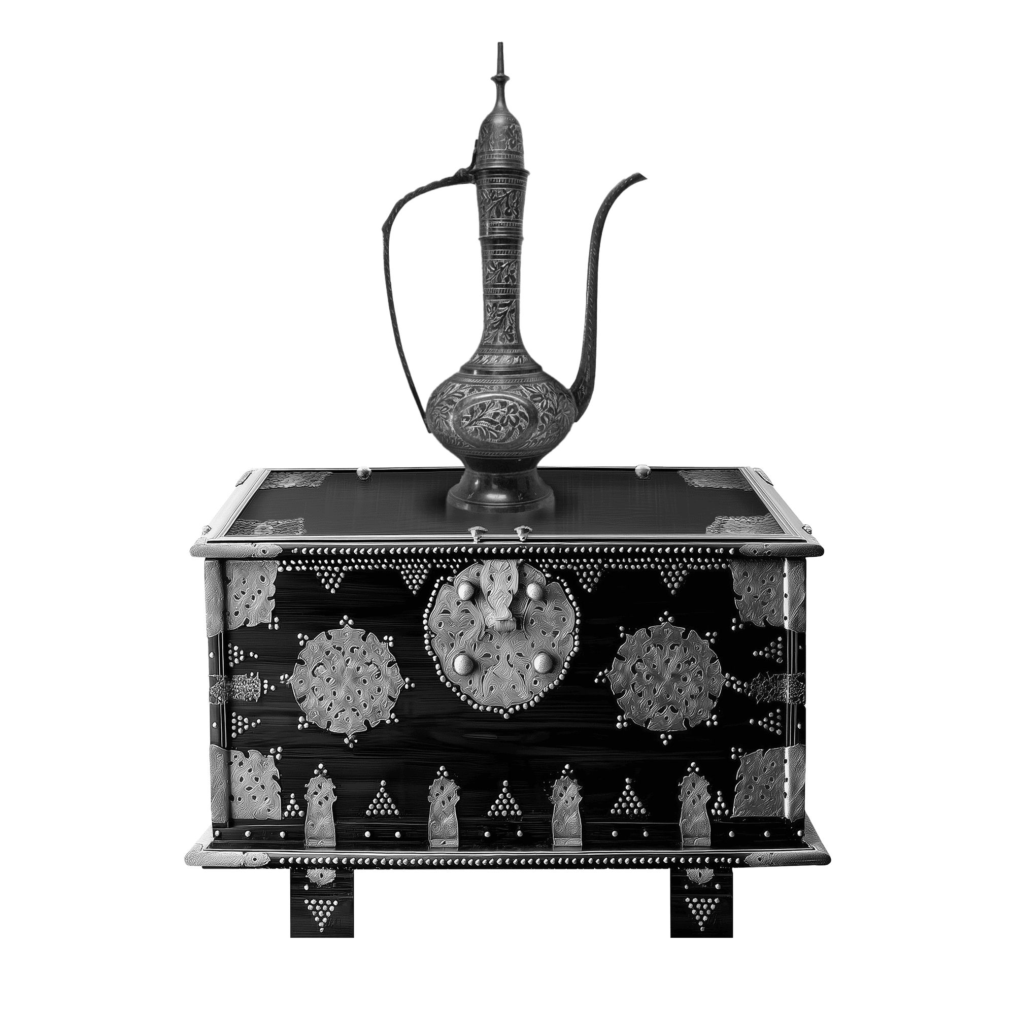 Index collection image, a traditional travel trunk with a large metallic teapot sitting on top 