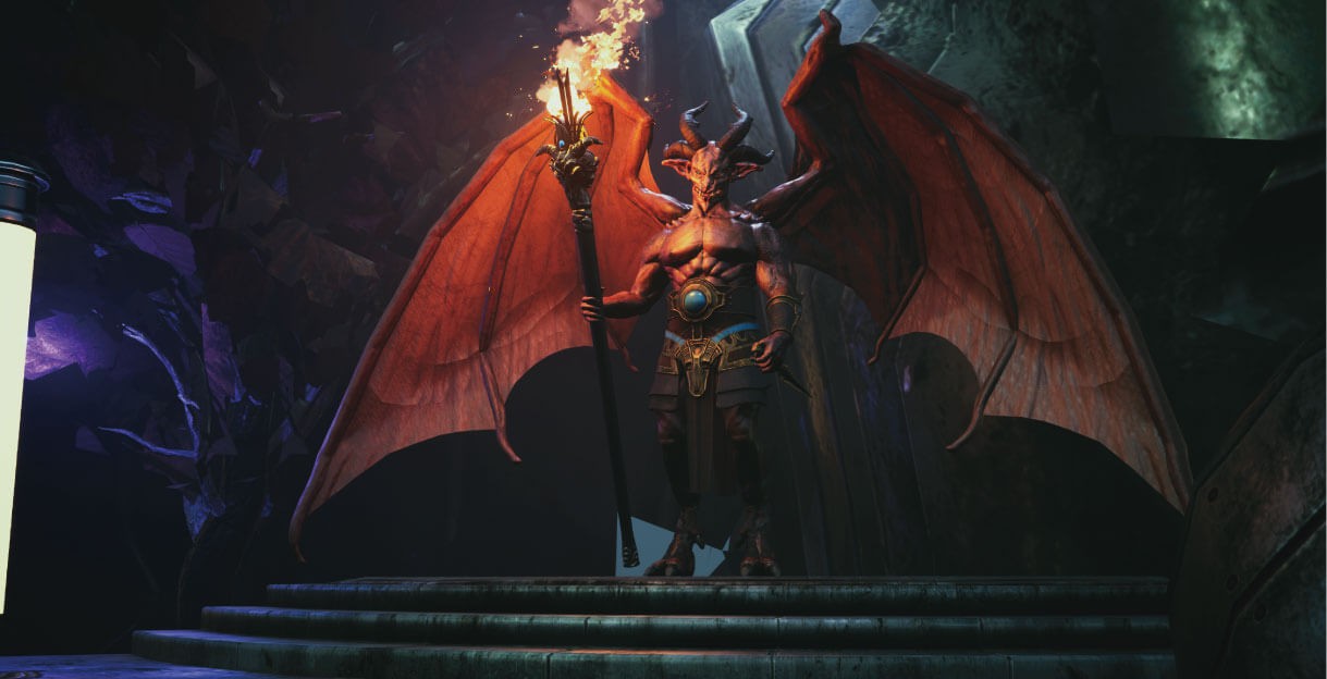 Zaawansowany model 3D mrocznej postaci demona ze skrzydłami i płonącą pochodnią stworzony do animacji oraz gier