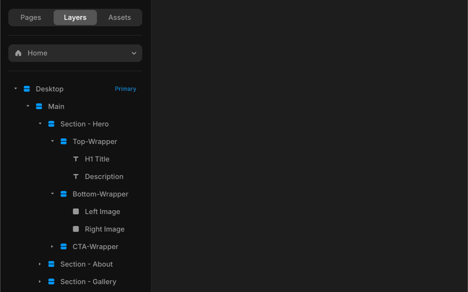 Framer UI layers panel showing hierarchical structure of sections in a web design project.