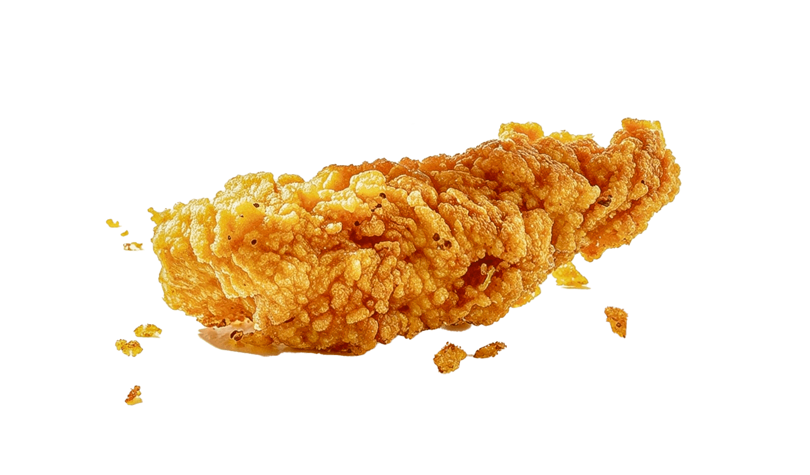 Chips & Chicks crispy fried chicken strip with scattered crumbs on black background — isolated product food photography by Makers' Studio