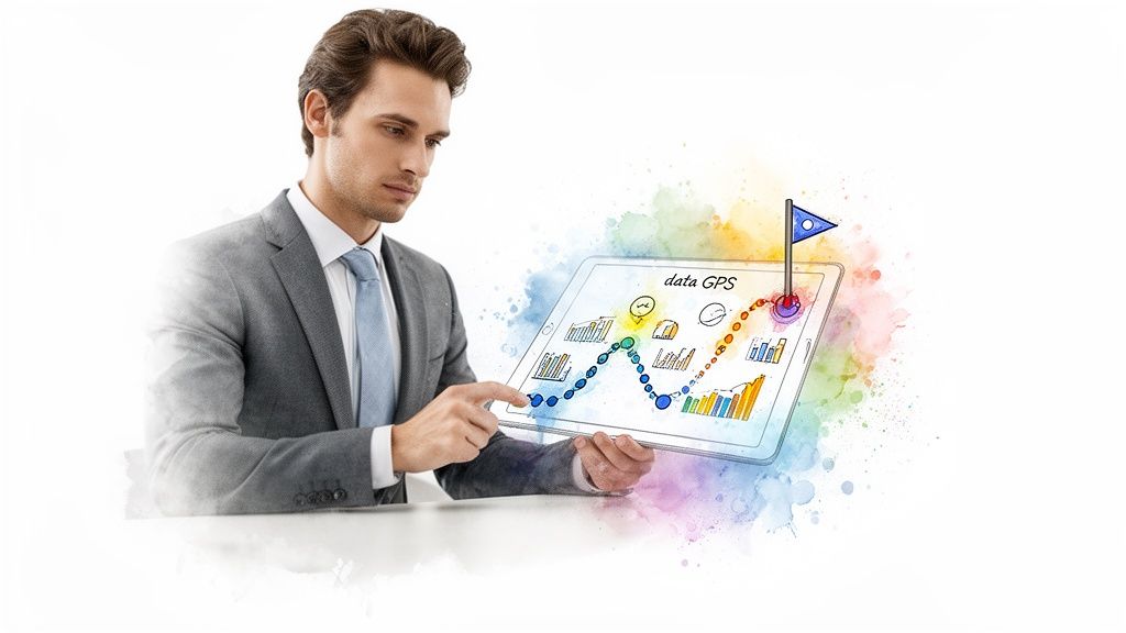 A businessman in a suit analyzes a colorful data GPS graph on a tablet, symbolizing data-driven decision making.