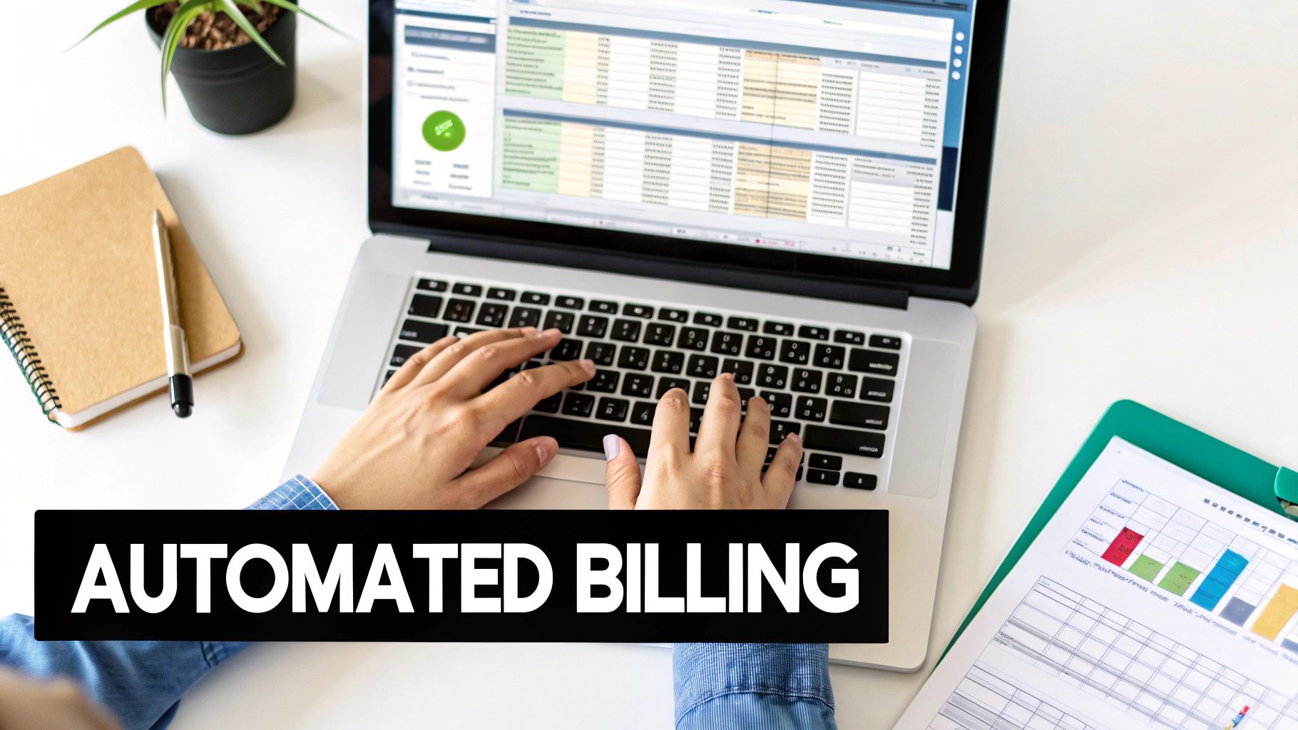Top-down view of hands typing on a laptop with 'Automated Billing' text overlaid.