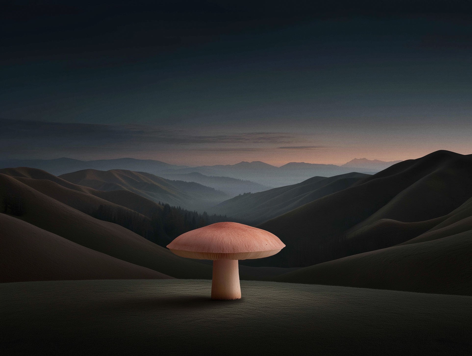 Glowing pink arch structure spanning between mountain peaks at dusk