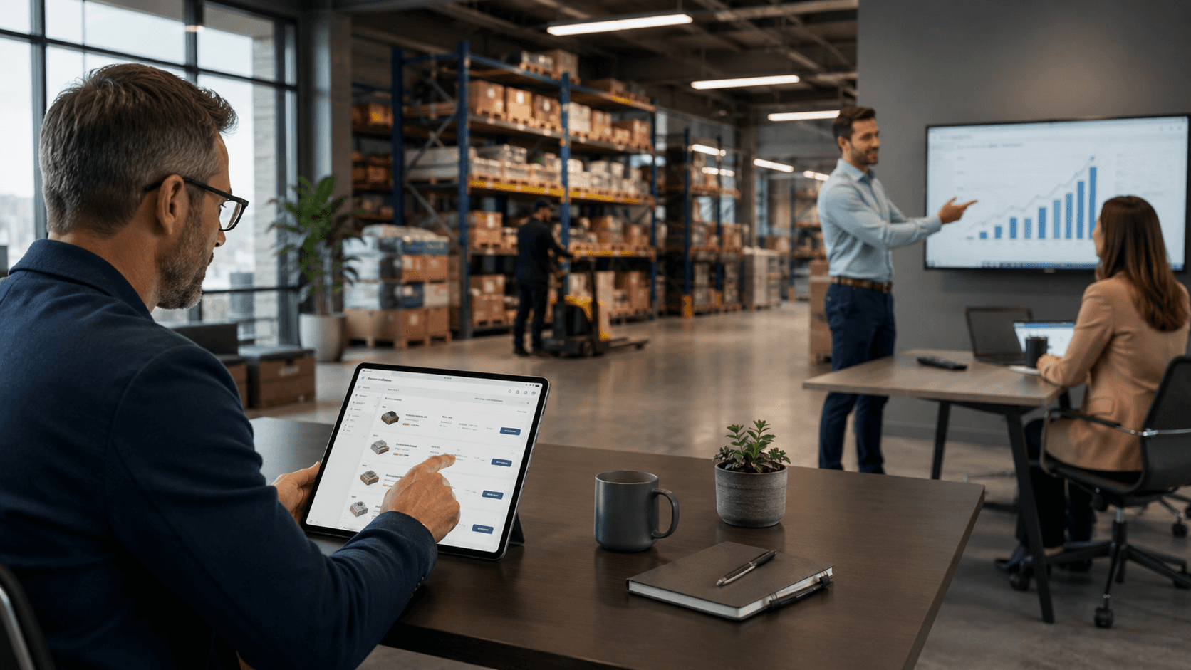 Homem usando um tablet para fazer um pedido B2B em um ambiente moderno que integra escritório e estoque, enquanto ao fundo um vendedor apresenta gráficos de crescimento para uma cliente, representando automação de recompras e foco comercial em expansão de contas.