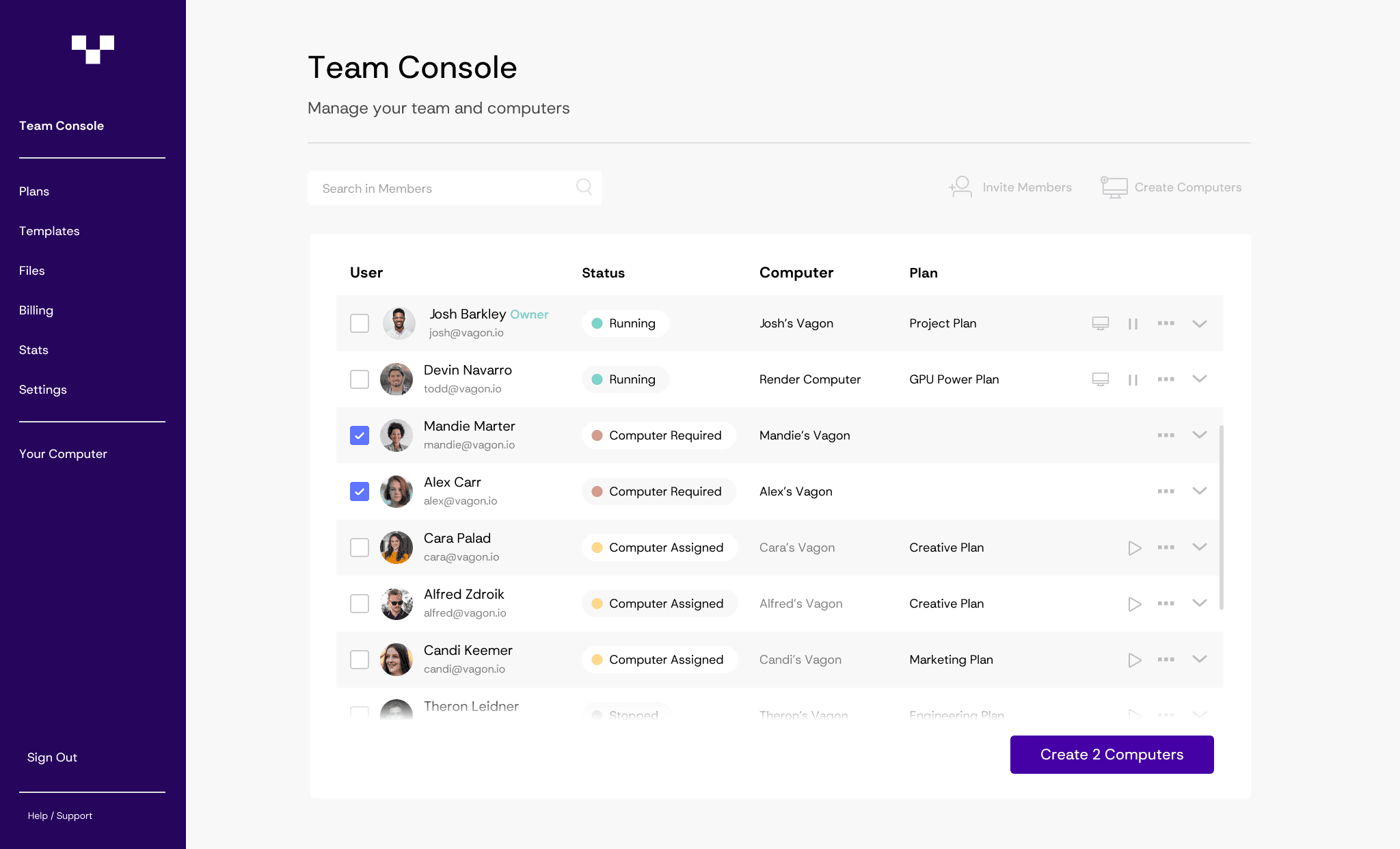 Vagon Teams dashboard for managing team cloud computers and virtual workspaces