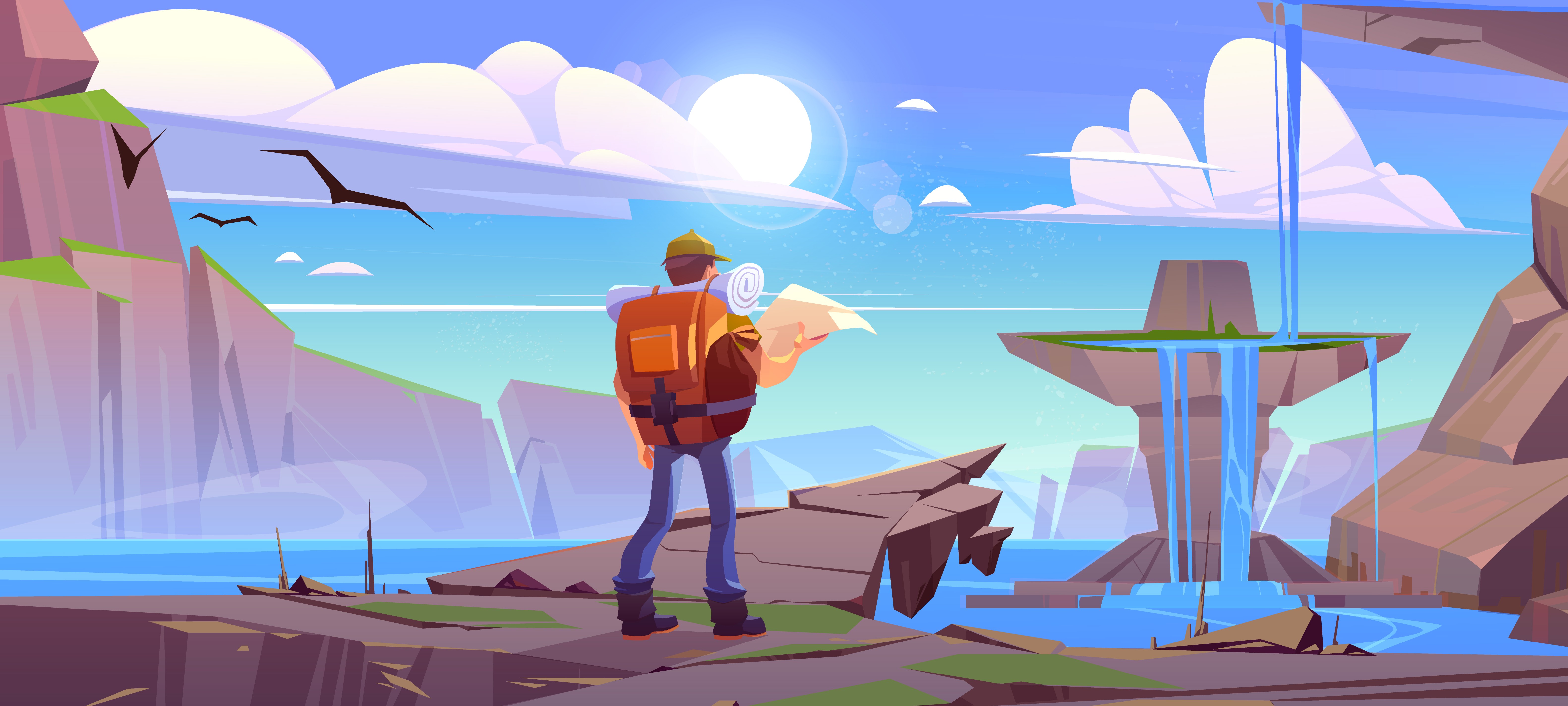 2D animation service — vibrant cartoon illustration of an adventurer in a fantasy landscape — 2D animation production for brands and product companies — Penguincil Design