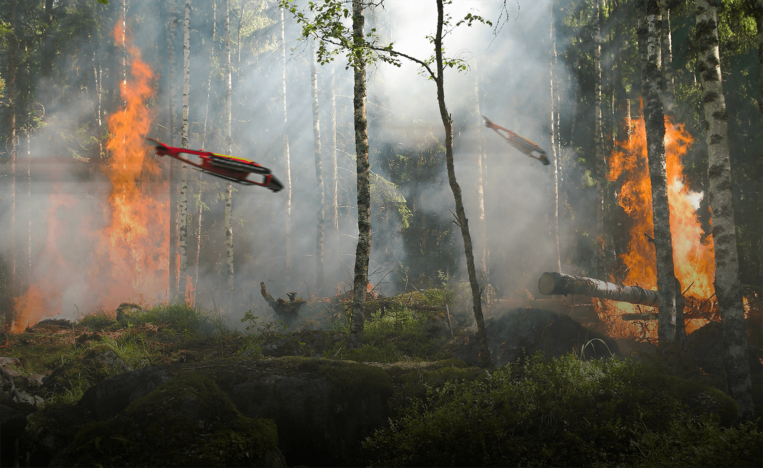 Conceptual rendering of two firefighting drones flying through a forest fire, showcasing their ability to operate in a coordinated swarm to contain the blaze.