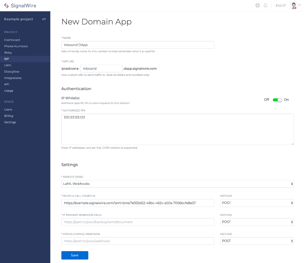 Domain app creation page