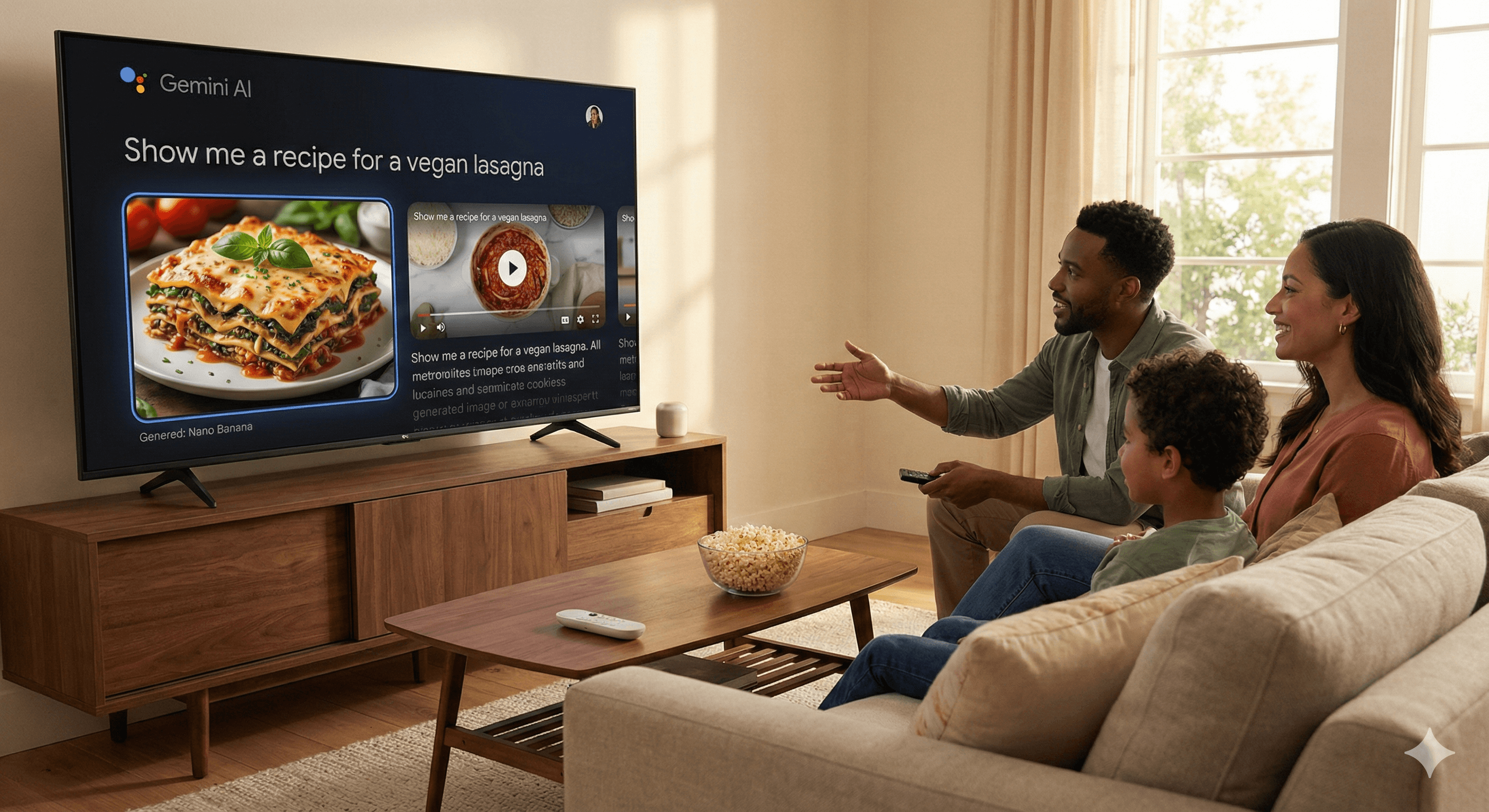 A family sits on a comfortable beige sofa in a modern living room, attentively watching a large flat-screen TV mounted on a wooden console, displaying Gemini AI by Google TV, which is showing a recipe for vegan lasagna next to a tempting image of the dish.