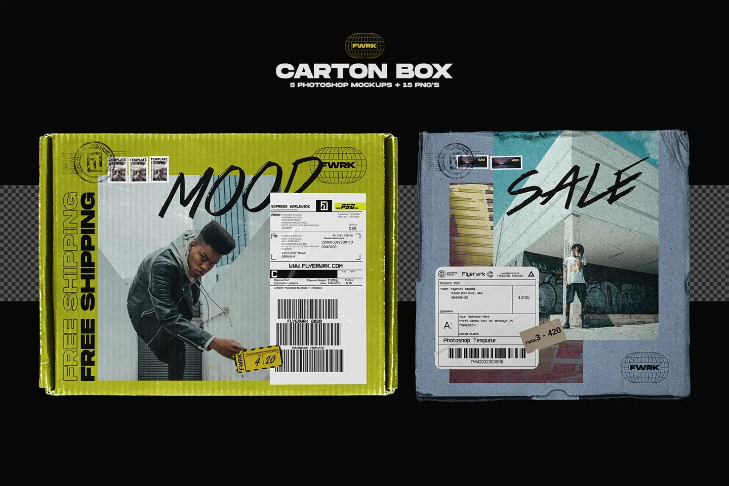 Carton box delivery mockups showing yellow and grey shipping boxes with label designs