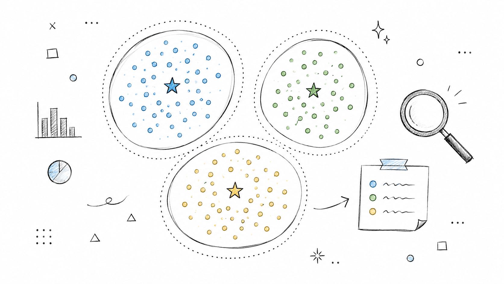 A hand-drawn illustration showing three circular clusters of data points with central stars, symbolizing algorithm clustering.