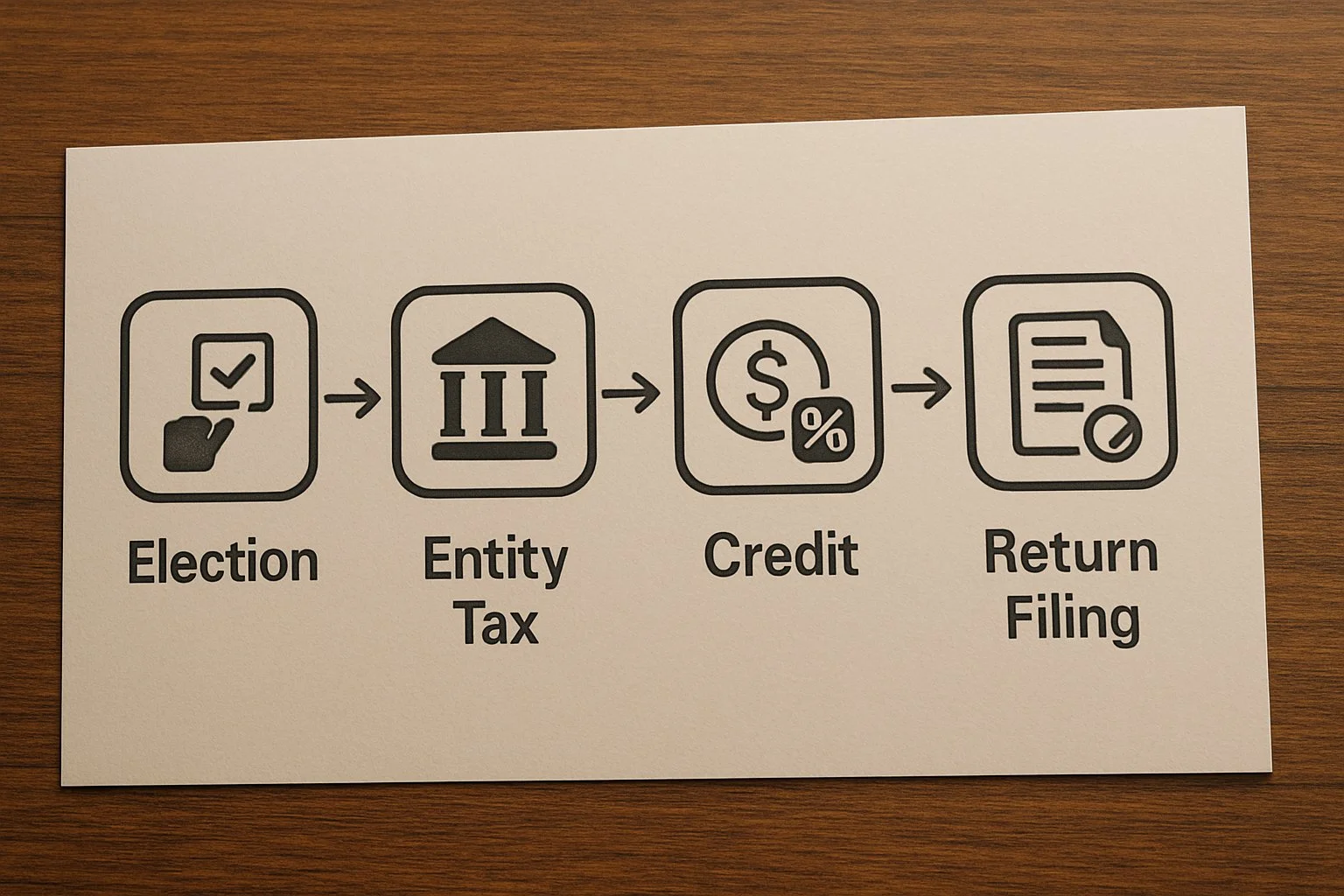 Flowchart-style path on a desk showing stages represented by icons for election, entity tax, credit, and return filing, all linked by arrows.