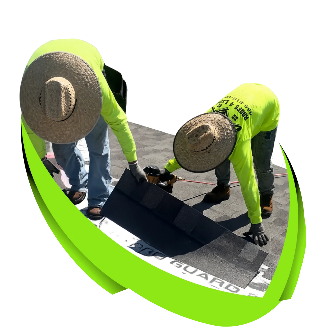 Roofs 4 Less crew completing a roof replacement on a Fresno home with service vehicle nearby