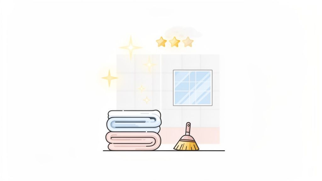 A bright illustration showing clean folded towels, a broom, a window, and sparkling stars, indicating excellent service.
