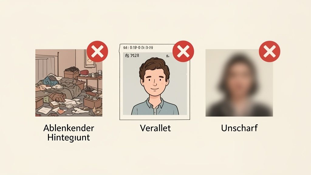 Drei Beispiele ungeeigneter Bewerbungsfotos: ablenkender Hintergrund, unzulässiges Format, unscharf.