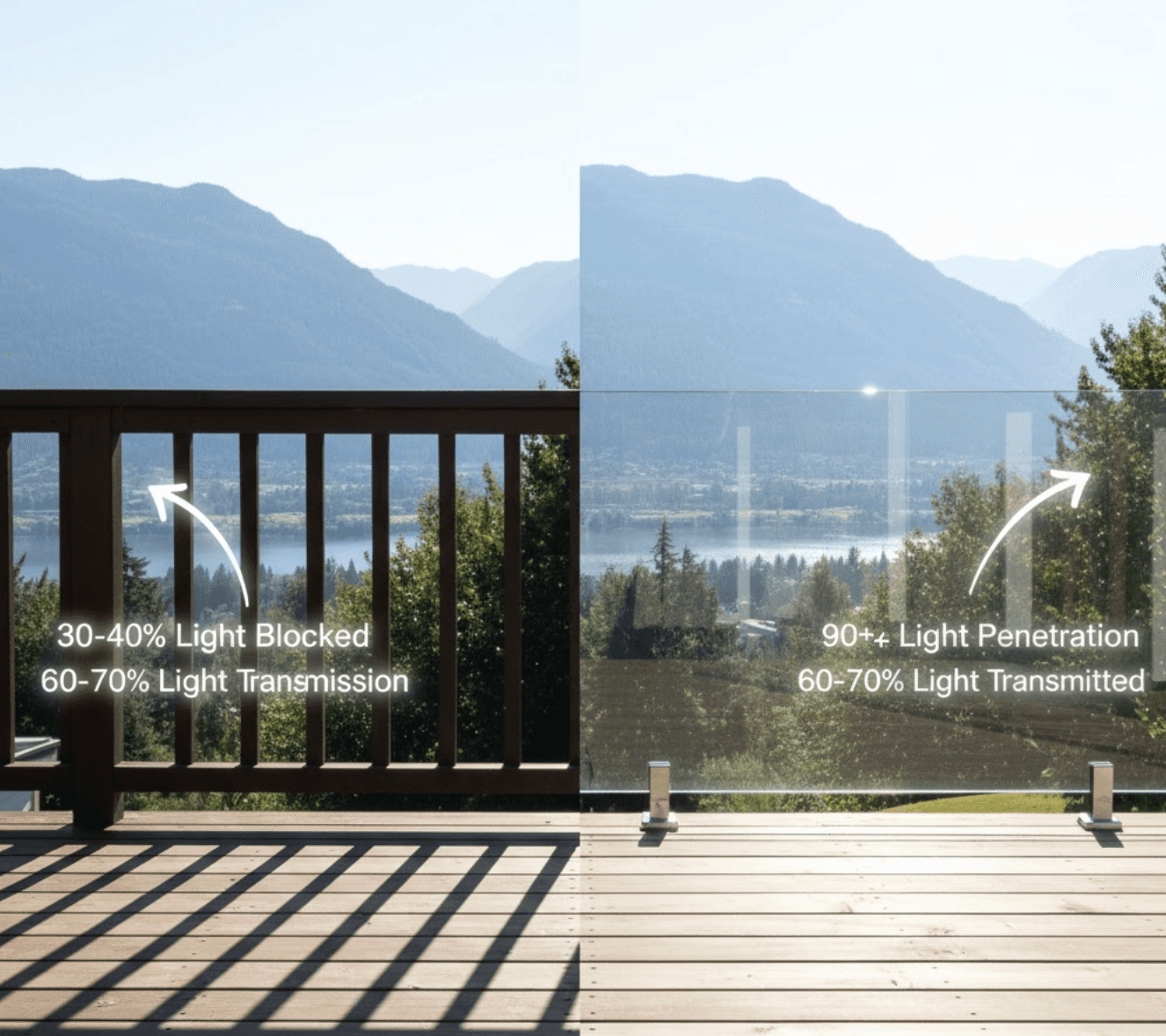 A conceptual, visually striking image set on a small, sunlit deck overlooking a vibrant Fraser Valley landscape. The image is split conceptually (not a harsh line, but distinct zones) into two halves:  On the left side: A section of traditional, dark wooden railing. Overlaid on this section and the deck behind it, subtle, glowing numerical data or a graphic representation should show '30-40% Light Blocked' or '60-70% Light Transmission' with an arrow pointing away from the deck, indicating light being reflected/blocked. The area of the deck here should appear slightly dimmer, with visible shadows.  On the right side: A section with a completely frameless glass railing. Overlaid on this section, similar subtle glowing numerical data or a graphic should show '60-70% Light Transmitted' or '90%+ Light Penetration' with an arrow pointing into the deck space, indicating light passing through. The area of the deck here should be noticeably brighter and more evenly lit, almost glowing subtly.