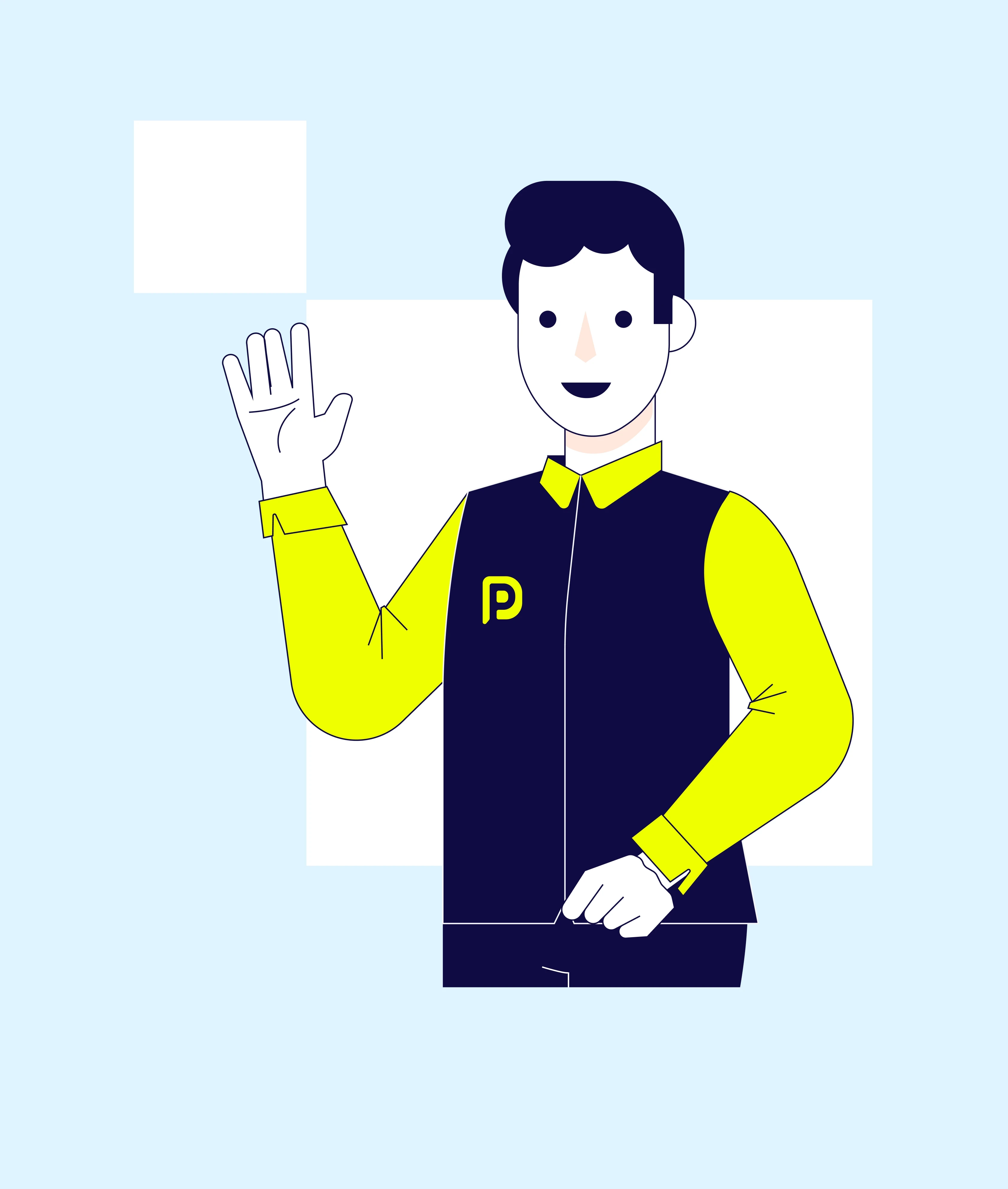 Personaje guía Zona P con uniforme institucional saludando amablemente a los usuarios.