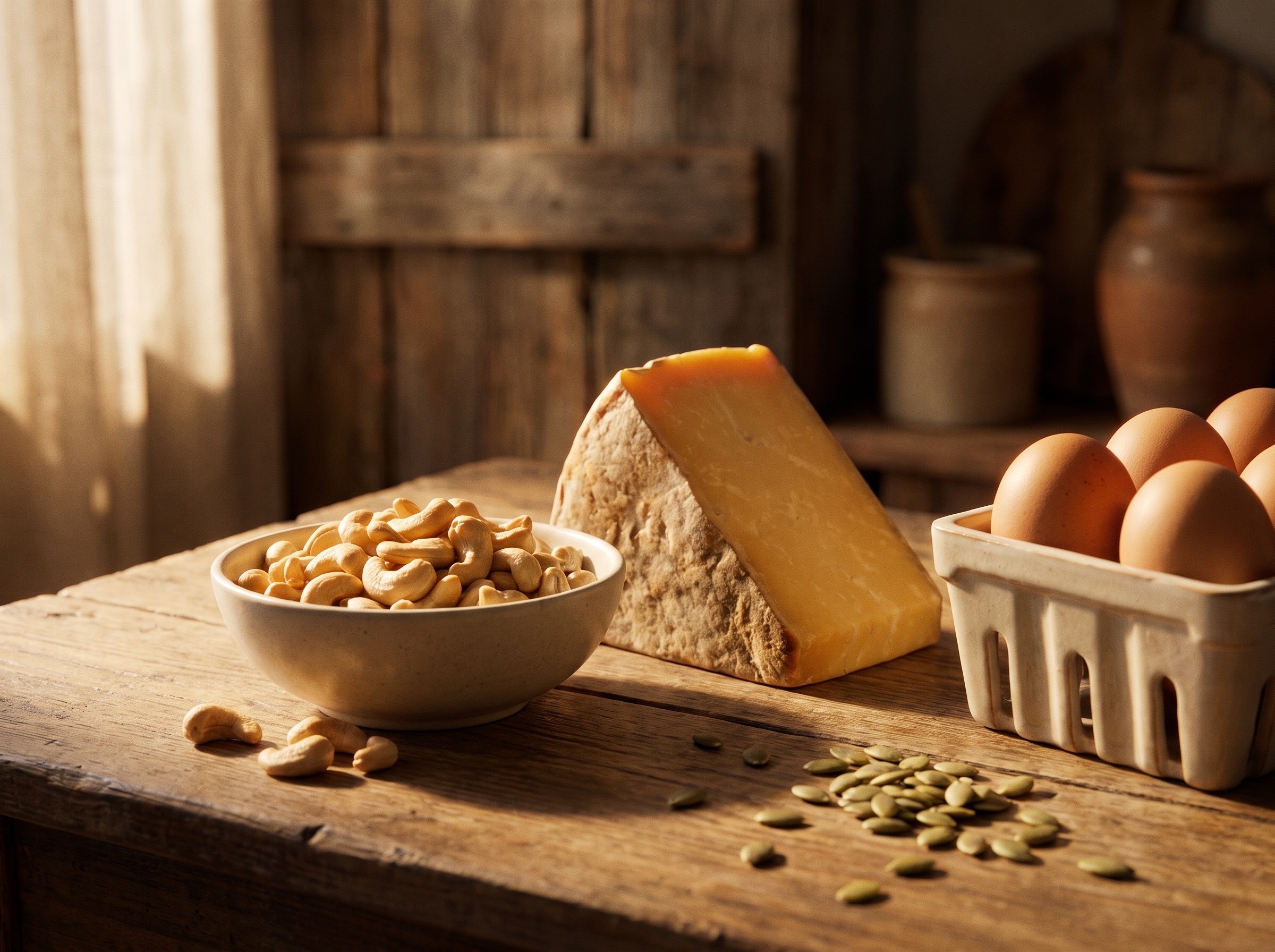 Zinkreiche Lebensmittel wie Nüsse, Käse und Eier liegen in warmem Licht auf einem Holztisch