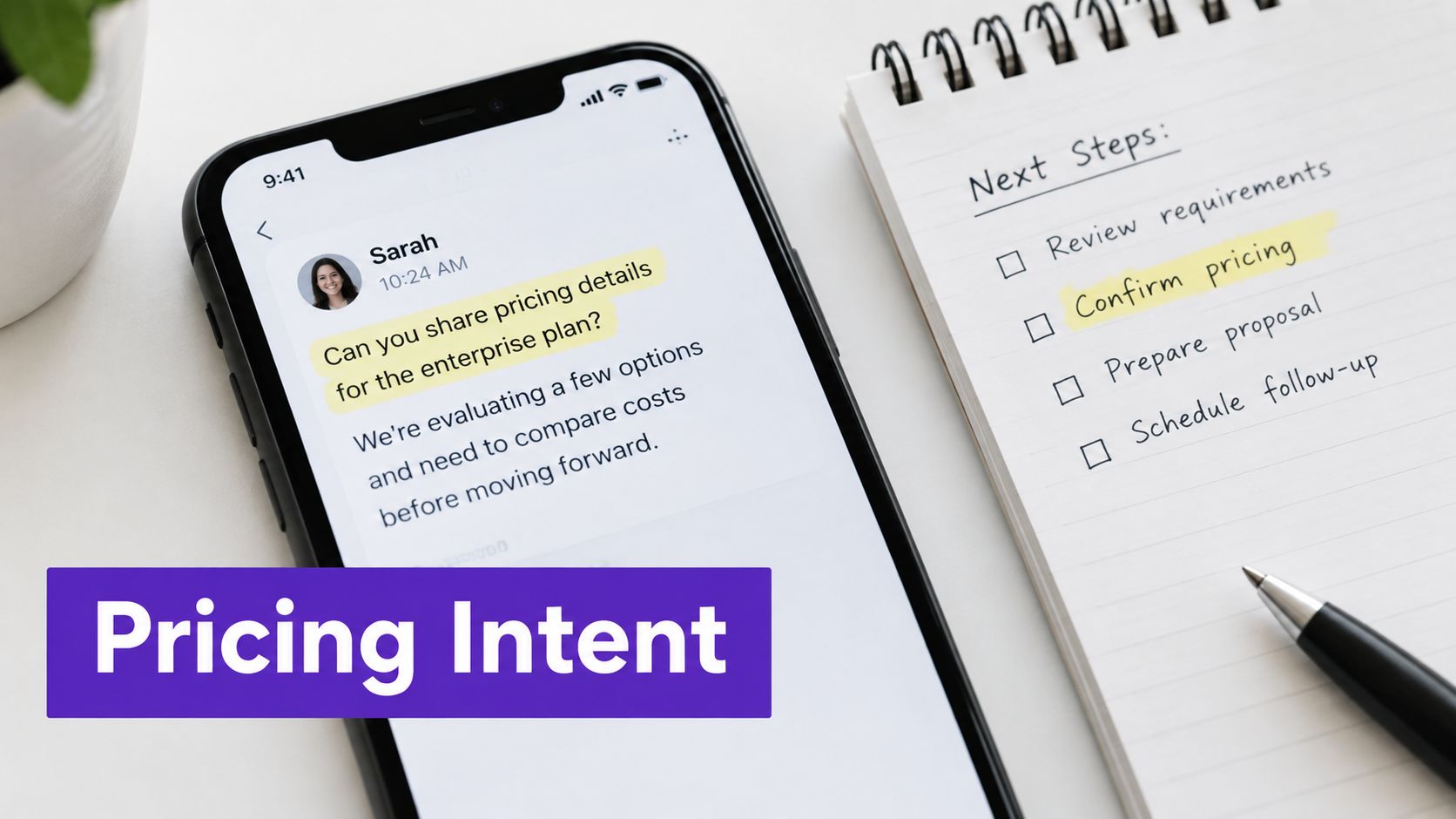 A smartphone displaying a message asking for enterprise pricing next to a notepad with sales tasks.
