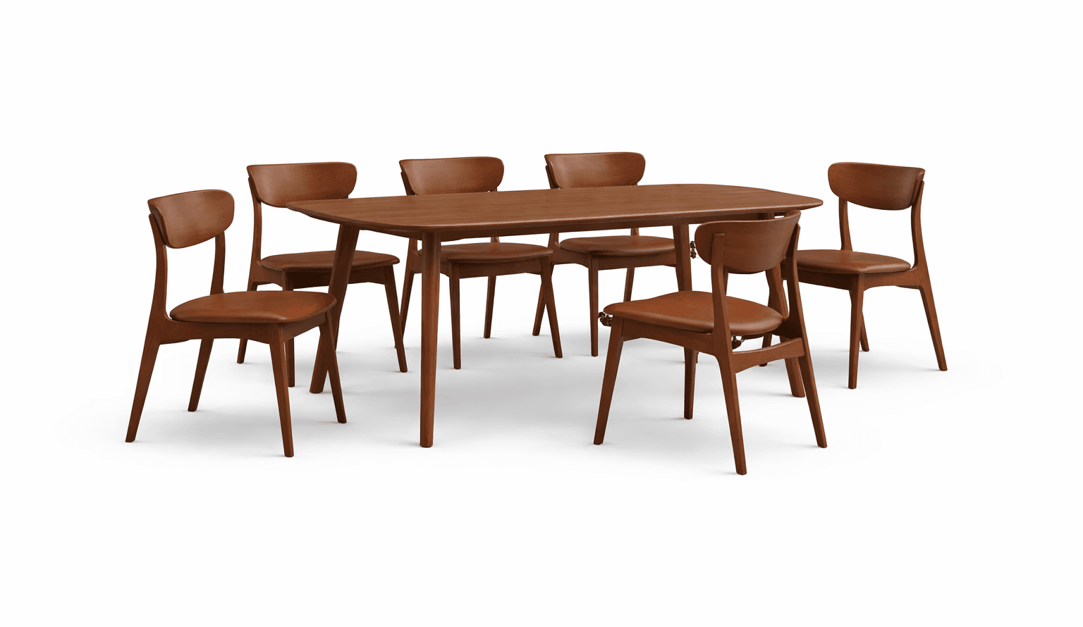 Wooden dining table with softly chamfered edges and curved solid‑wood chairs