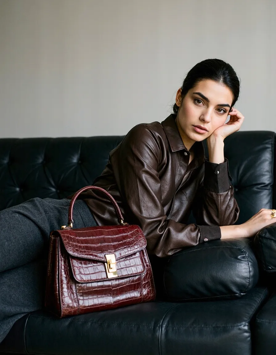 Woman in brown leather jacket with burgundy handbag on black leather sofa against neutral background