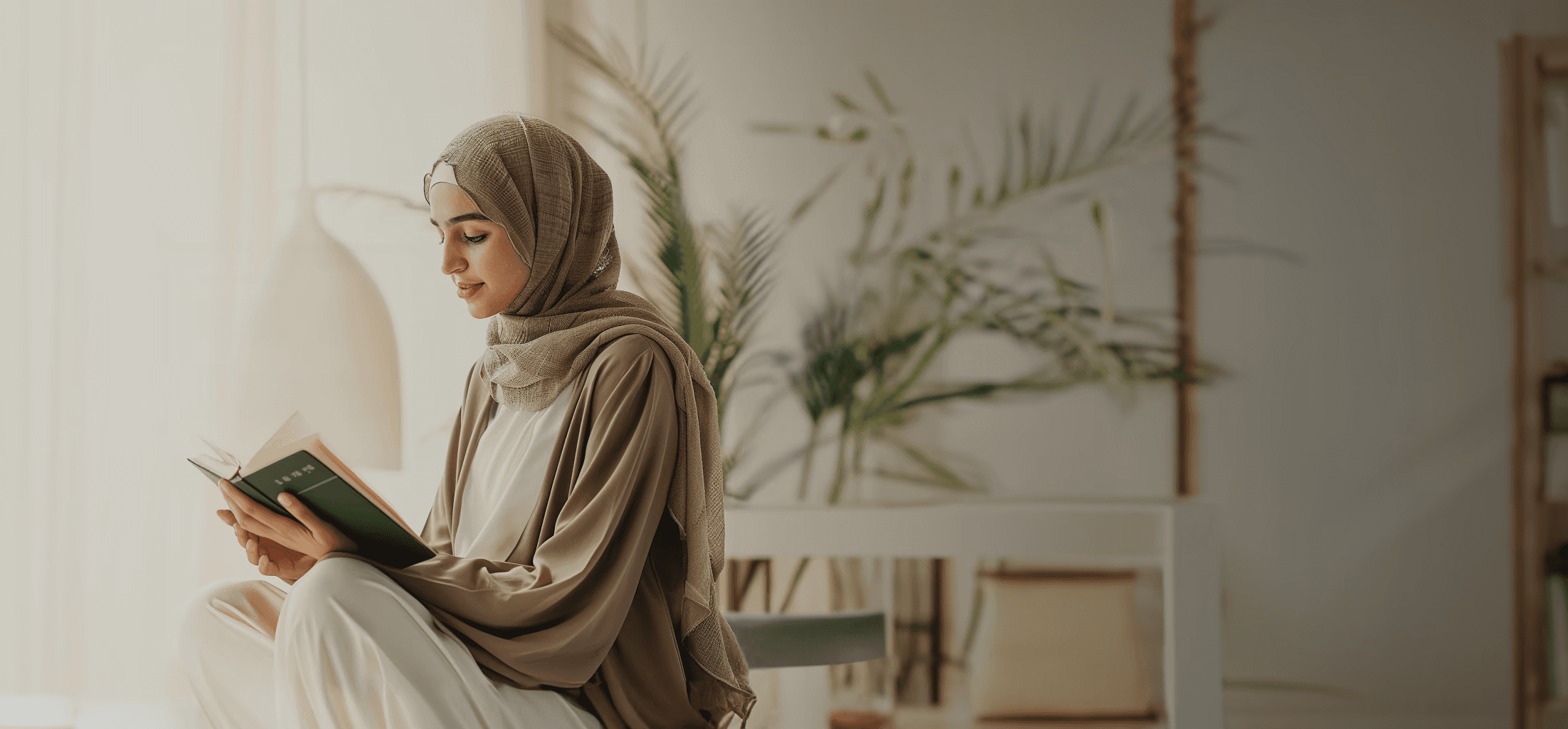 muslim woman reading and pondering about life and spiritual coaching and therapy.