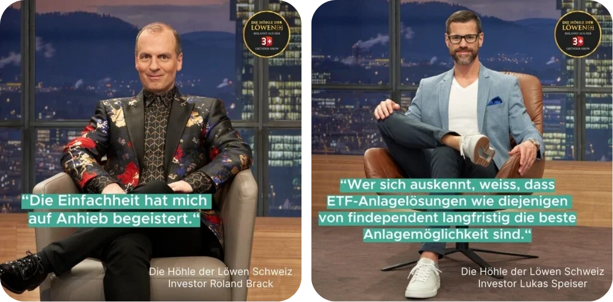 Investor Roland Brack sitzt in einem Stuhl, trägt ein auffälliges Sakko und sagt. Investor Lukas Speiser sitzt in einem Stuhl und sagt.