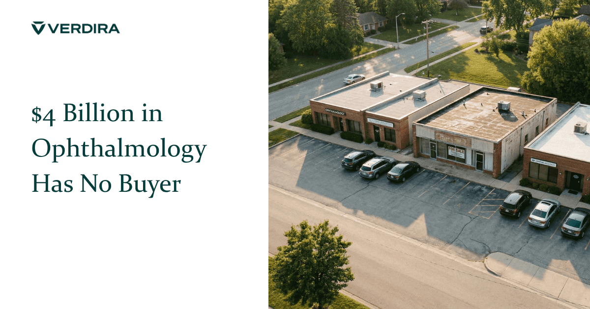 Row of small medical office buildings on suburban street with faded for-sale sign in one window and mostly empty parking lot