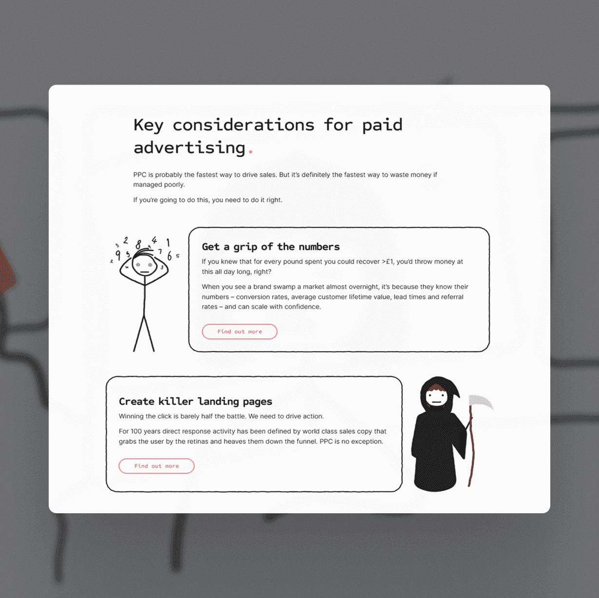 Mary Agency contact page with "Let's chat" headline, a enquiry form, and a hand-drawn stick figure character