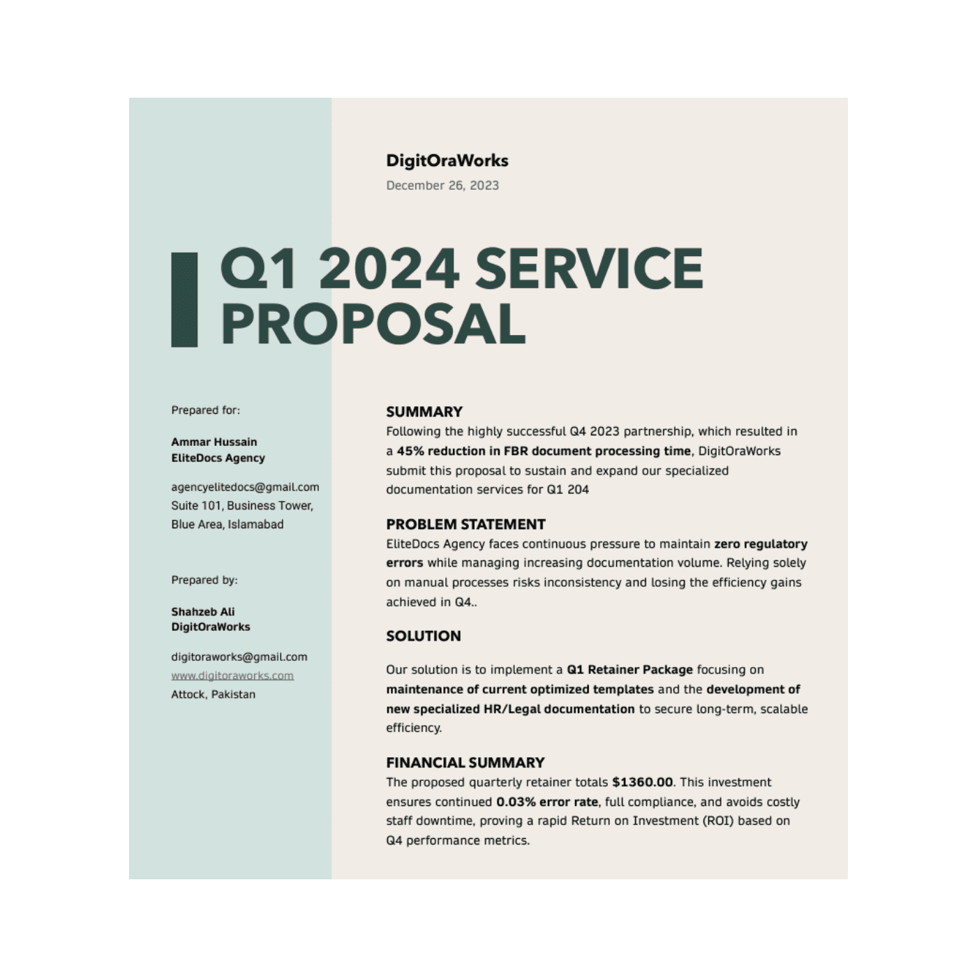 Service proposal document created for EliteDocs Agency
