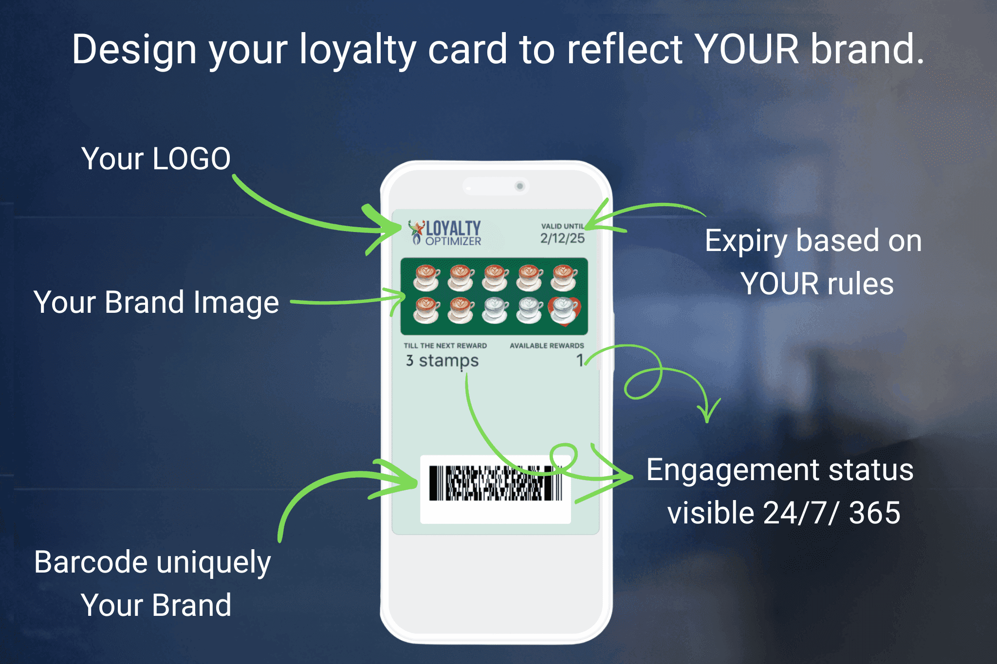 Fully customisable digital loyalty cards displayed on smartphones, showing different branded designs and stored in mobile wallets for everyday customer engagement.