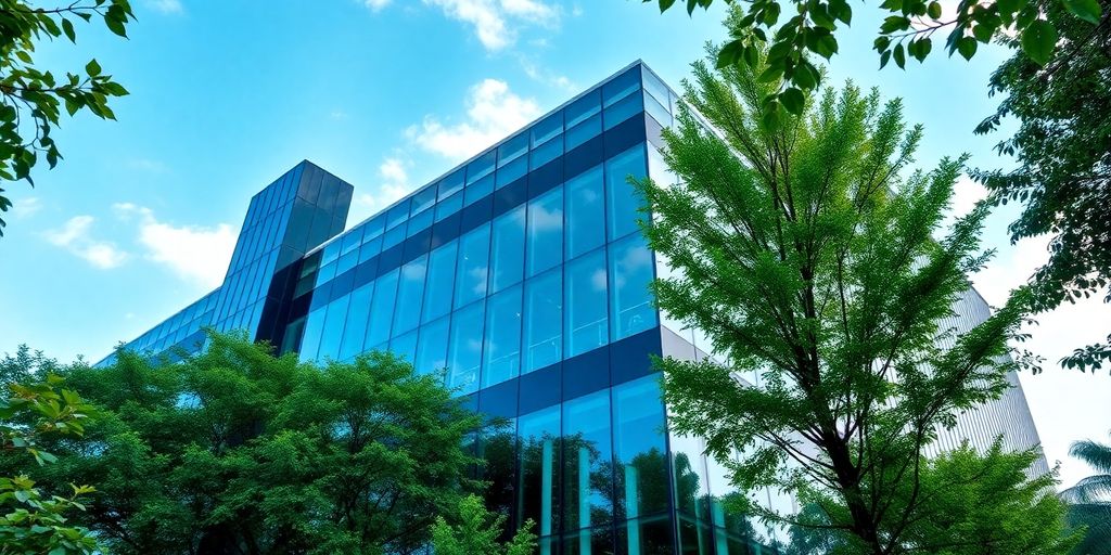 Modern office building with greenery and glass architecture.