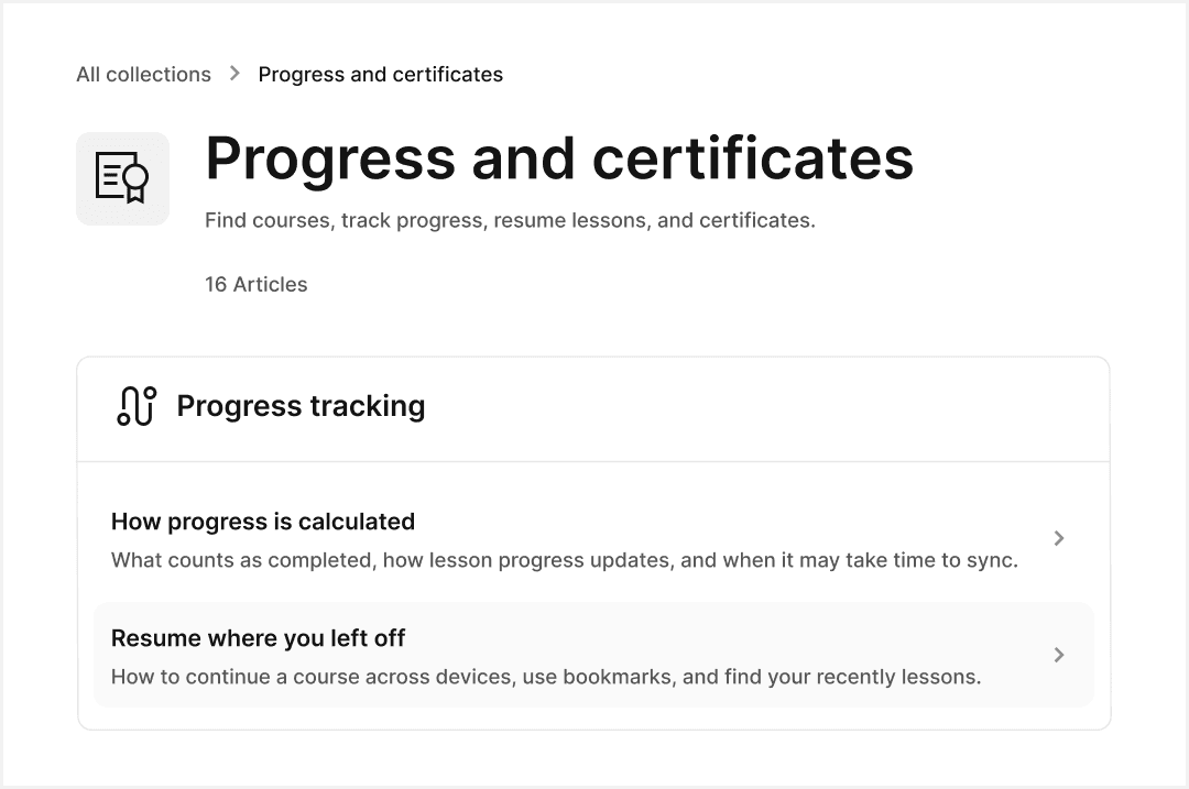 Online course help center section for tracking progress and course certificates.
