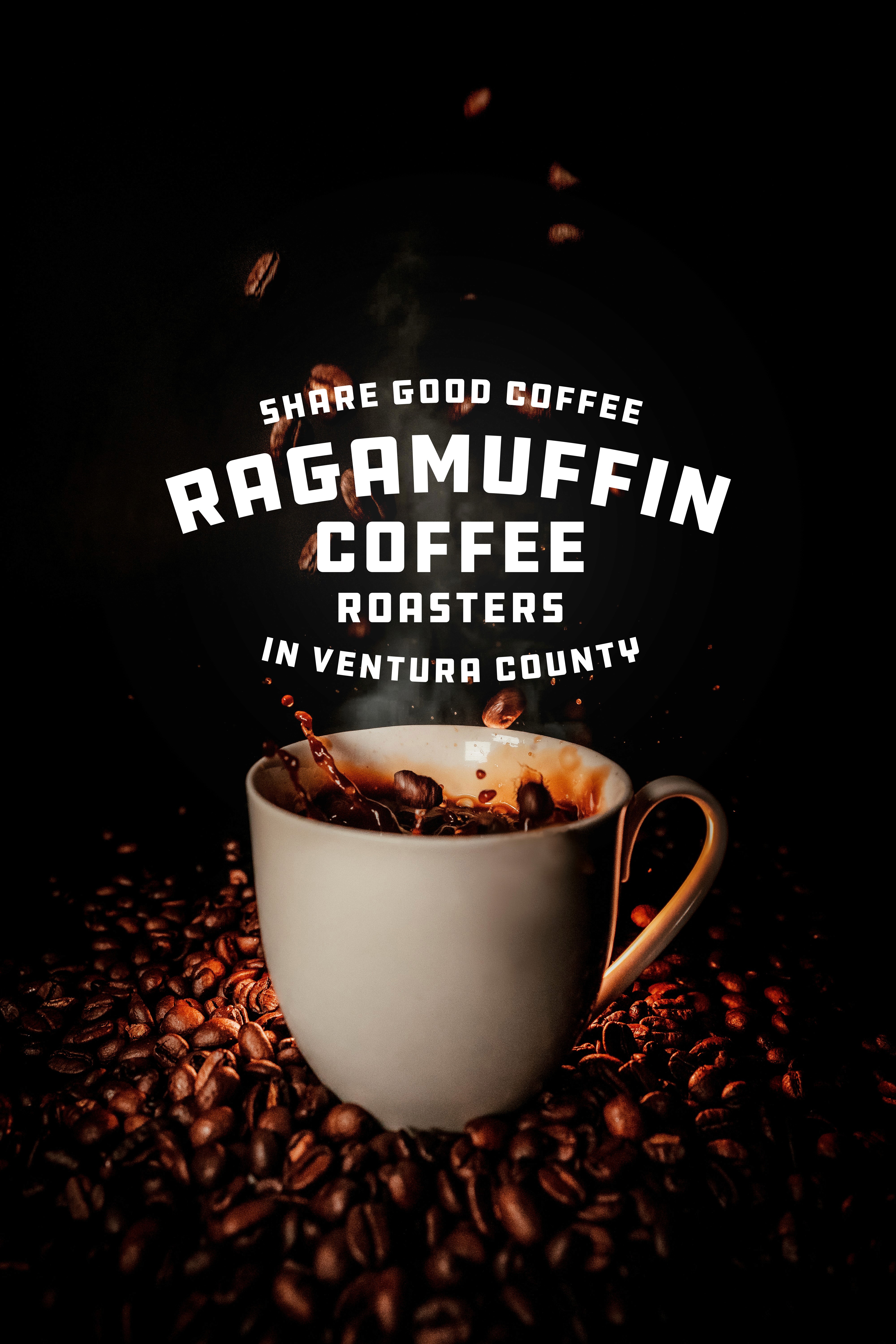 Ragamuffin Coffee Roasters logo in white on dark coffee background